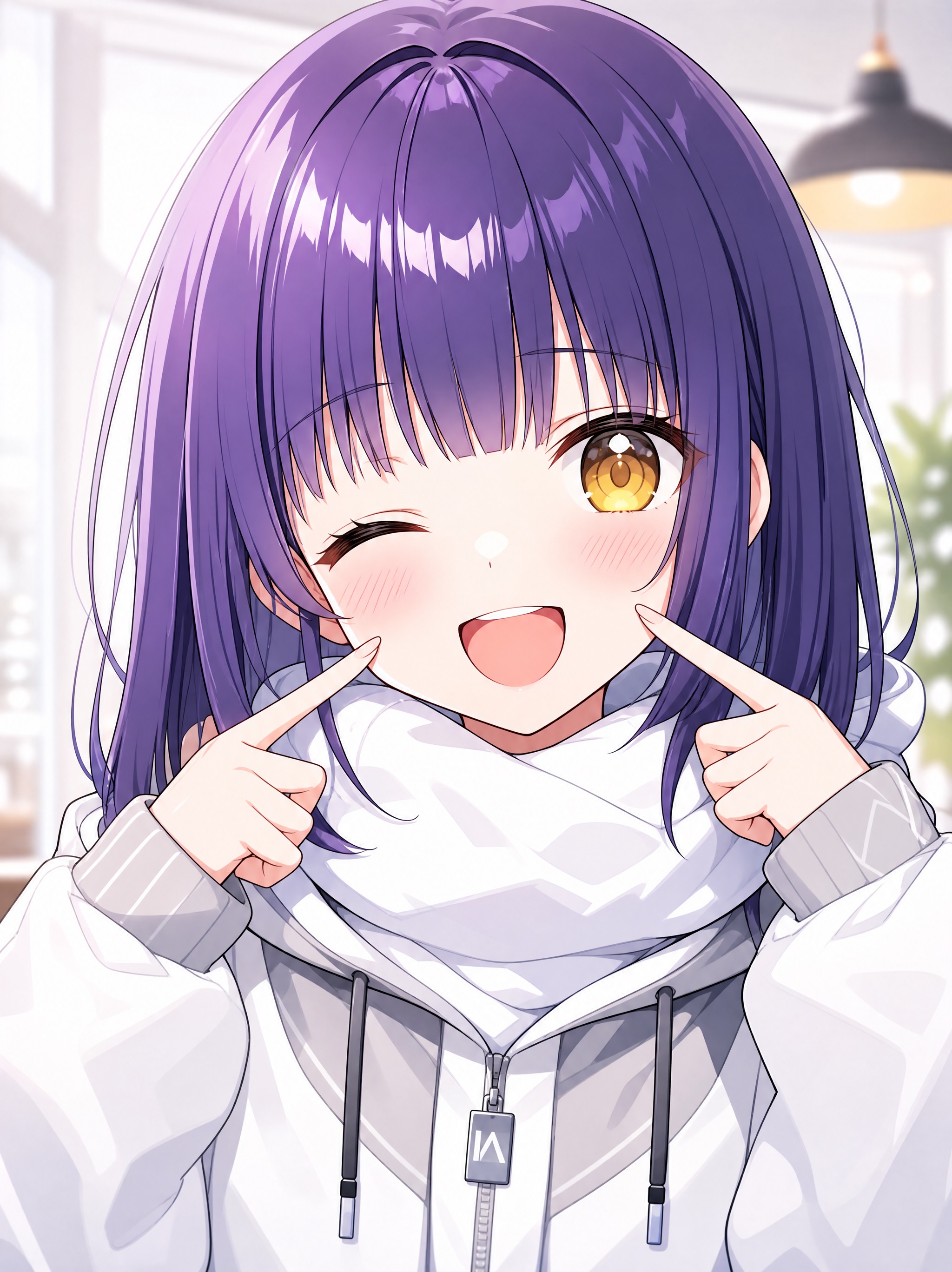 「明るくポップな日本アニメ風キャラクターイラスト。深いバイオレットカラーのストレートミディア