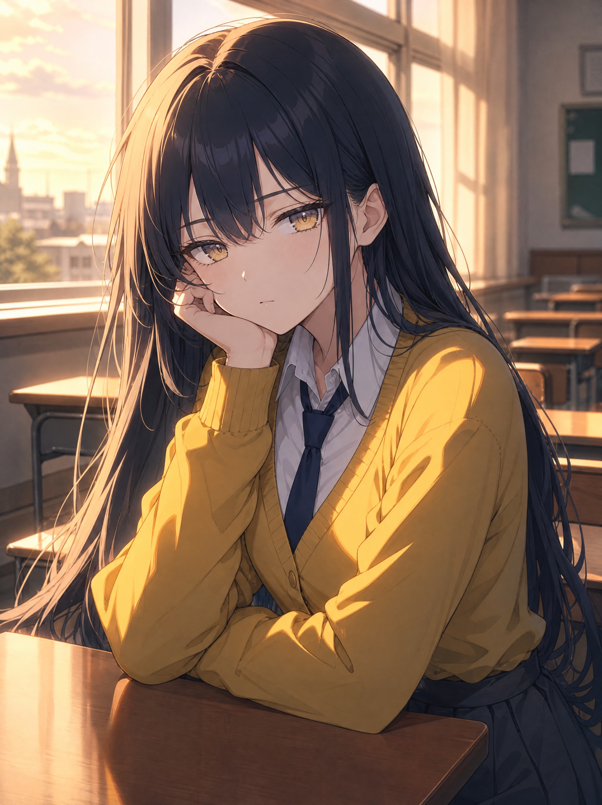 「静かな青春アニメ風ポートレート。濃いネイビーブラックのロングヘアと淡いゴールドの瞳を持つ少女が