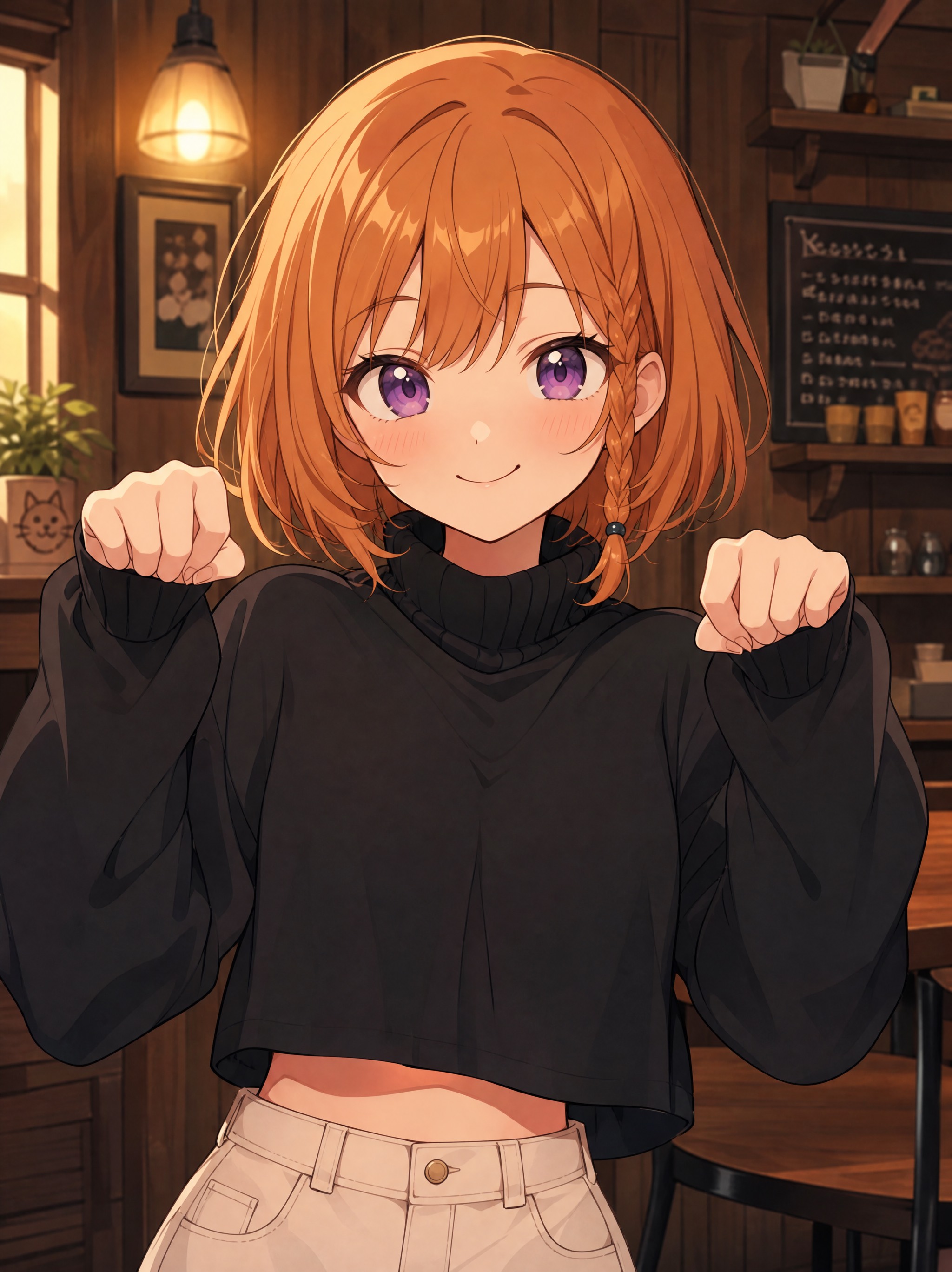 「日常系アニメ風のキャラクターポートレート。明るいキャラメルオレンジのボブヘアで、片側だけ細い三