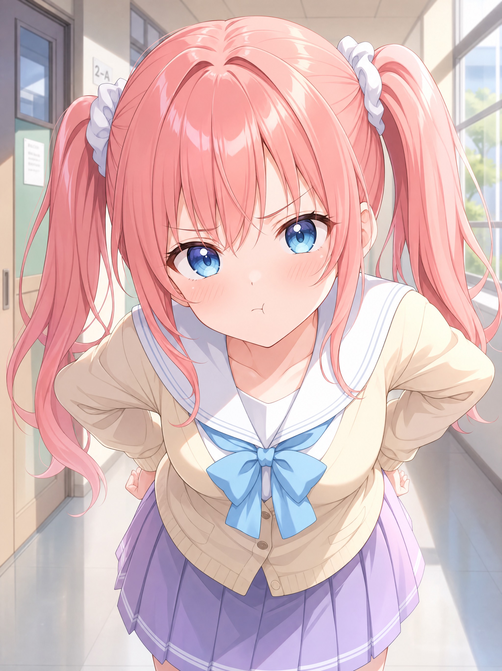 「明るく可愛い学園アニメ風。コーラルピンクのツインテールと鮮やかなブルーの瞳を持つ少女が、学校の