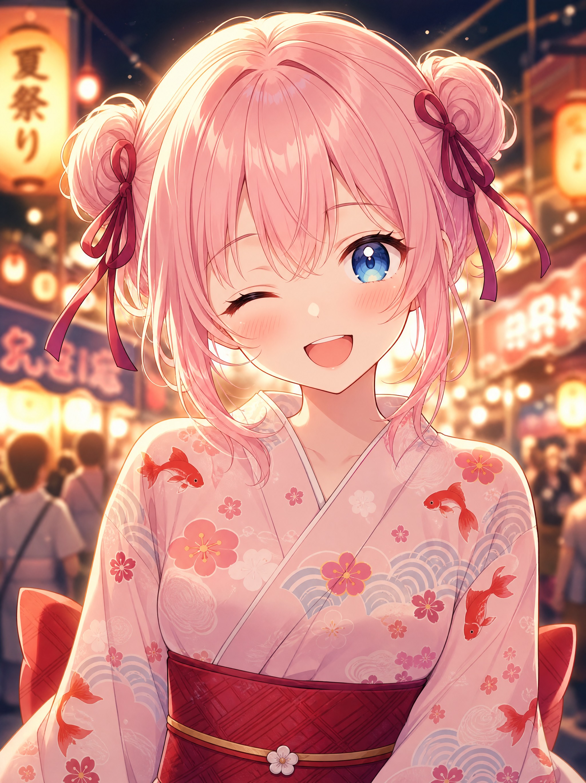 「華やかで可愛らしい日本アニメ風ポートレート。桜色の髪を左右の小さなお団子にまとめ、赤紫の細いリ