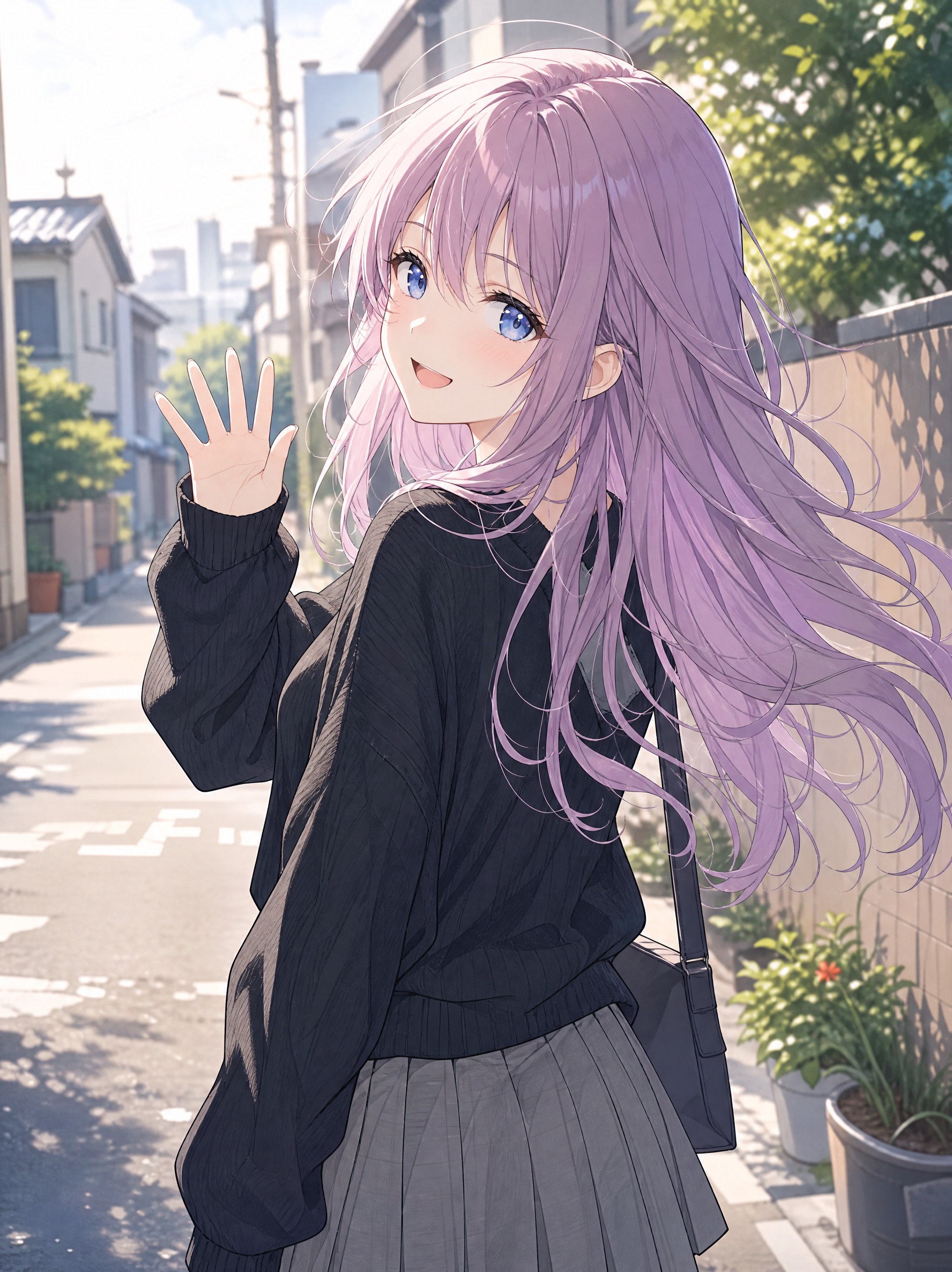 「高品質な日本アニメ風イラスト。淡いラベンダーピンクのロングヘアと透明感のある青い瞳の少女が、明