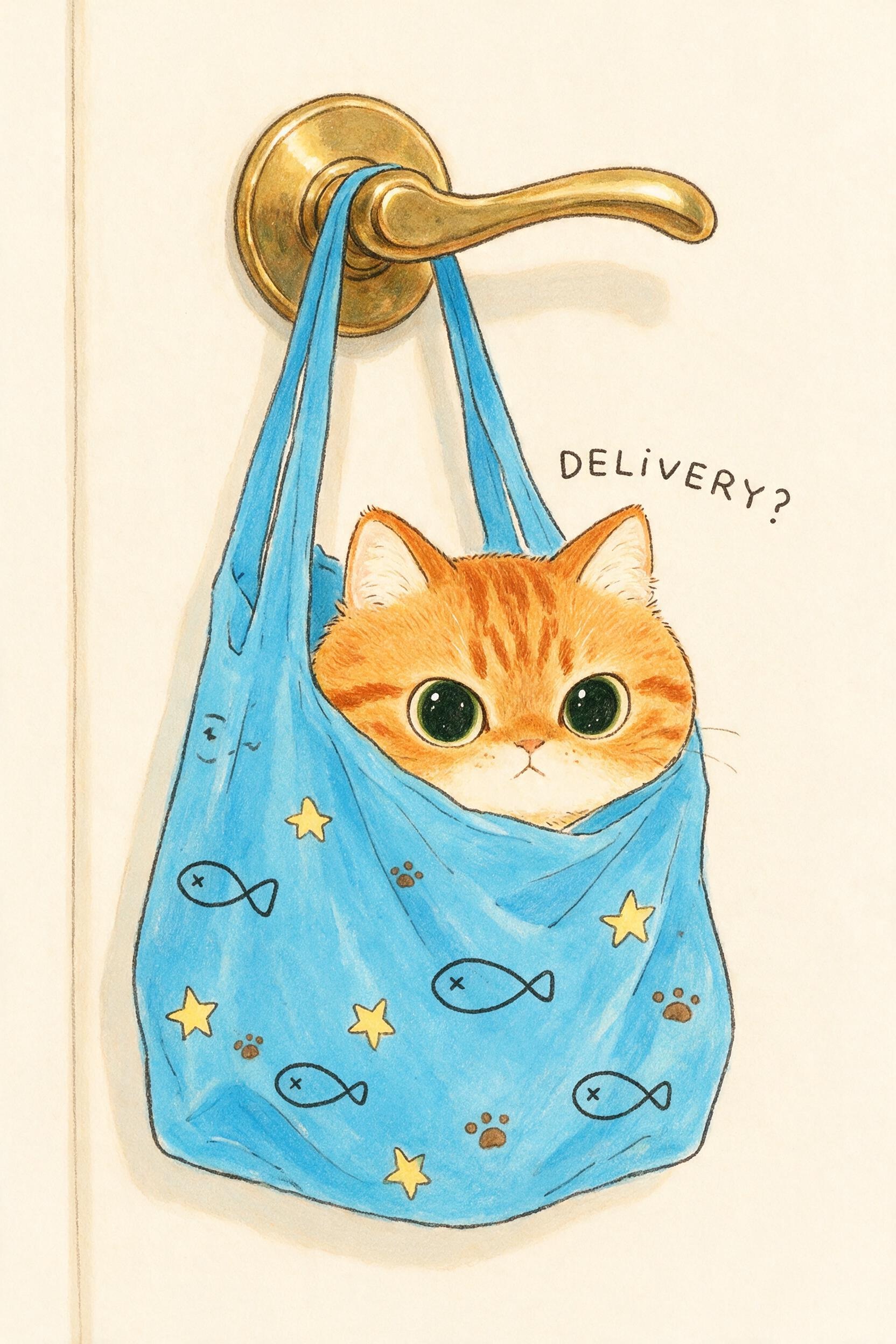 异想天开的手绘插画,描绘了一只胖乎乎的橙色虎斑猫坐着