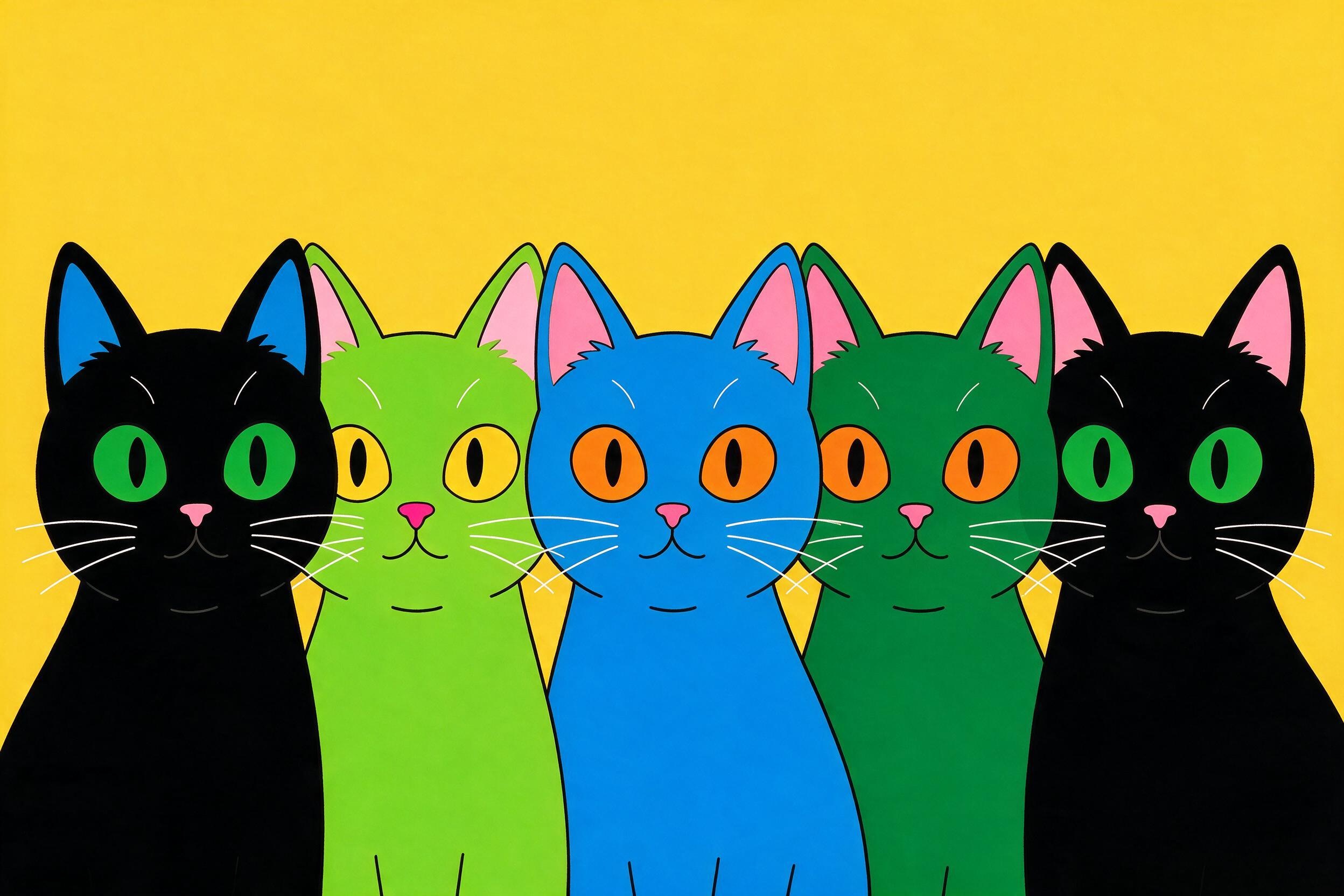 平面设计插图,五只风格化的猫与充满活力的溶胶组成的小组