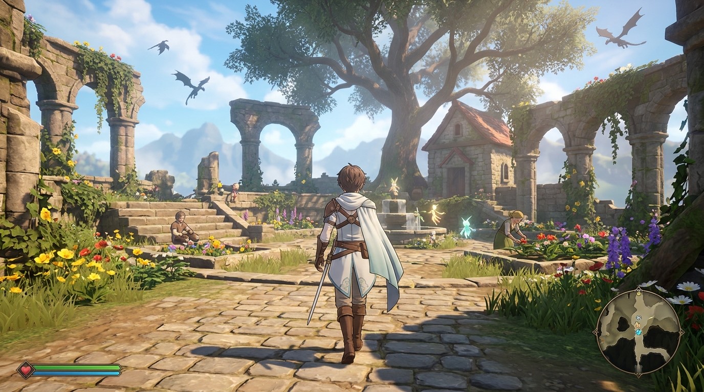 明るく開放的なファンタジーRPGの庭園エリアを描いた、三人称視点の3Dゲームビジュアル。画面手前