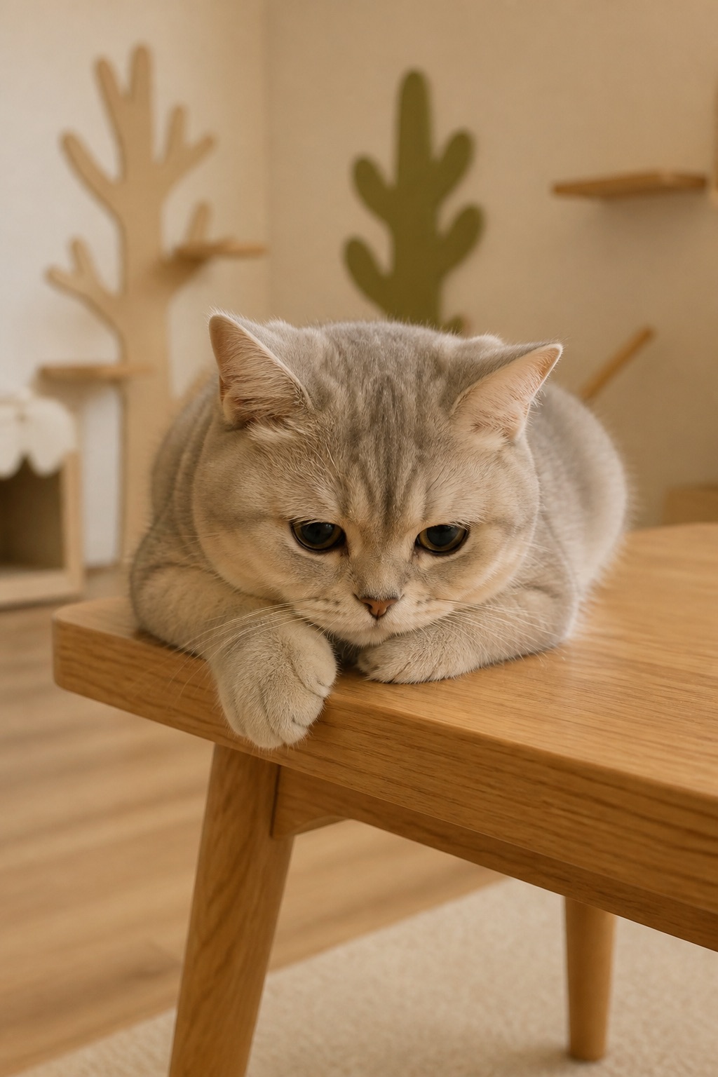 一只毛皮柔软的短毛猫躺在木桌边缘