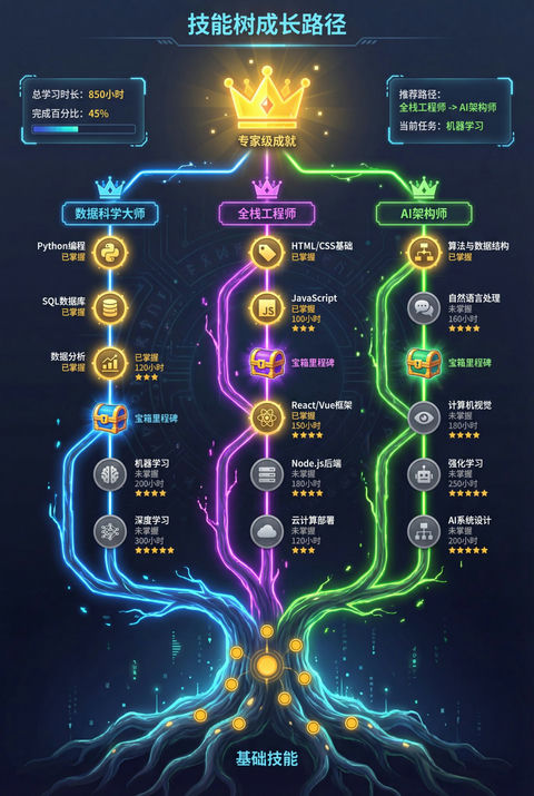 一张精美的技能树成长路径信息图