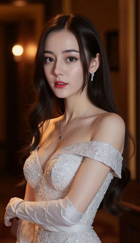 女子身穿白色露肩蕾丝婚纱