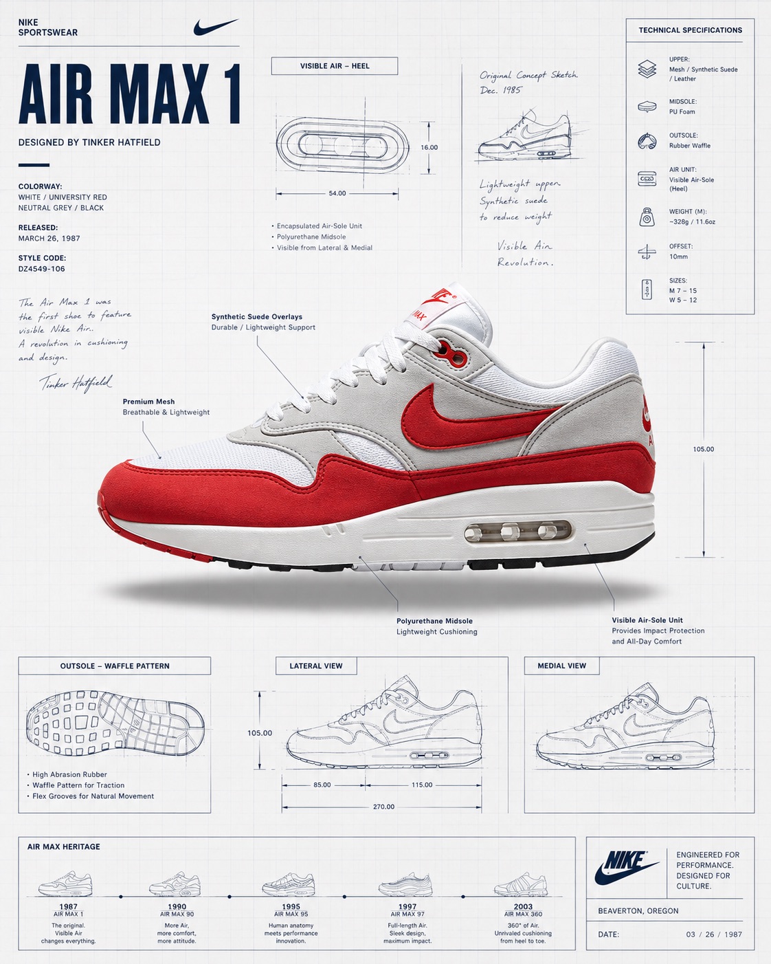 原始的 Nike Air Max 1 运动鞋漂浮在高调的工作室环境中